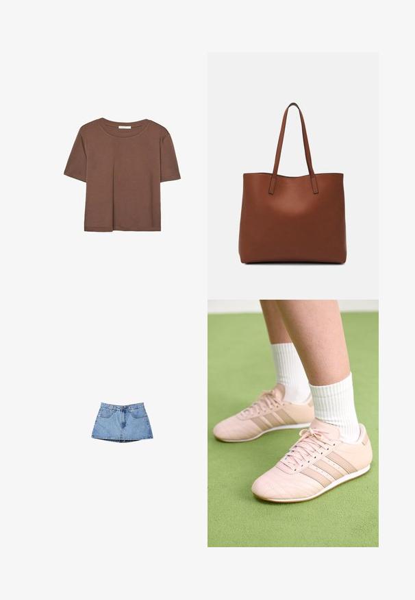 Braunes, kurzärmliges T-Shirt aus weichem Material mit rundem Halsausschnitt und lockerer Passform. Keine sichtbaren Muster oder Akzente.; Denim-Rock in Hellblau, mit hoher Taille, vorderen Taschen und leicht ausgestellt am Saum. Glatte Textur mit minimalen Nähakzenten.; Helle rosa Sportschuhe mit schrägen Nähten, weißen Sohlen und drei seitlichen Streifen. Getragen mit gestreiften weißen Socken auf grünem Untergrund.; Braune Leder-Tote mit glatter Textur, offenem Oberteil und zwei Schulterriemen. Verfügt über minimale Nähte und keine sichtbaren Beschläge.