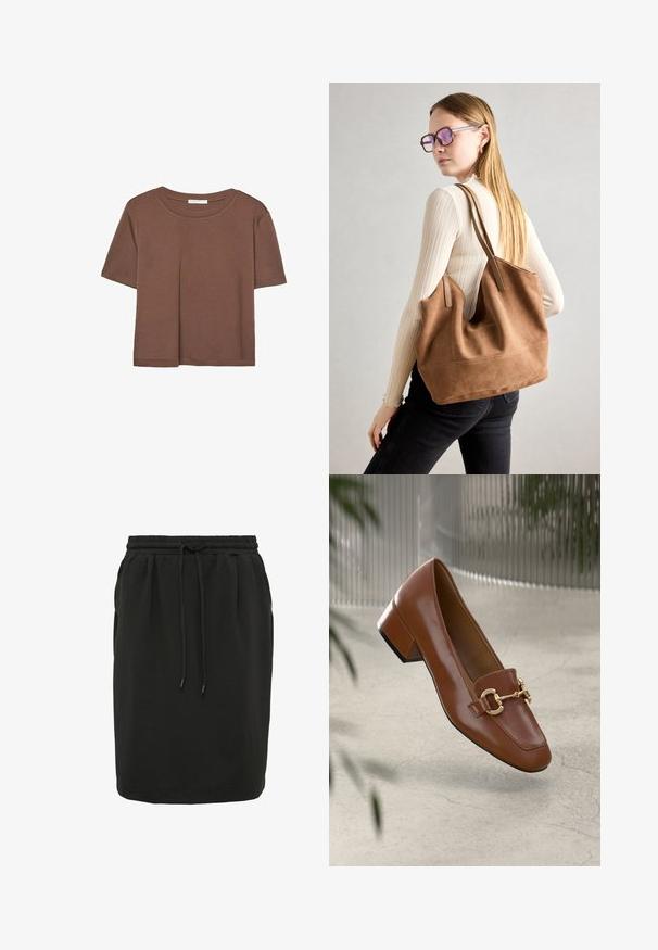 Braunes, kurzärmliges T-Shirt aus weichem Material mit rundem Halsausschnitt und lockerer Passform. Keine sichtbaren Muster oder Akzente.; Schwarzer Rock aus weichem Stoff, ausgestattet mit einem elastischen Bund und einer Zugkordel sowie Seitentaschen. Gerader Schnitt und schlichtes Design.; Braune Lackleder-Loafer mit quadratischer Zehenpartie, metallischem Kettenakzent und niedrigem Blockabsatz; glatte Textur, minimalistisches Design.; Braune Wildleder-Tasche mit weicher Textur, großer Öffnung und langen Trägern. Sie verfügt über ein simples Design mit sichtbarem Stich und ohne Beschläge.