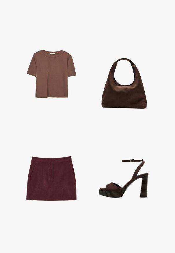 Braunes, kurzärmliges T-Shirt aus weichem Material mit rundem Halsausschnitt und lockerer Passform. Keine sichtbaren Muster oder Akzente.; Burgunderfarbene Cordmini mit glatter Textur, ausgestattet mit zwei Fronttaschen und geradem Schnitt. Niedrige Taille mit subtilen Falten.; Braune Wildleder-Pumps mit offenem Zeh, verstellbarem Knöchelriemen und gestreiftem Plateausohlen.; Weiche braune Hobo-Stil Handtasche mit einem einzigen breiten Trageriemen und einer geschwungenen Oberteilöffnung, auf einem weißen Hintergrund präsentiert.