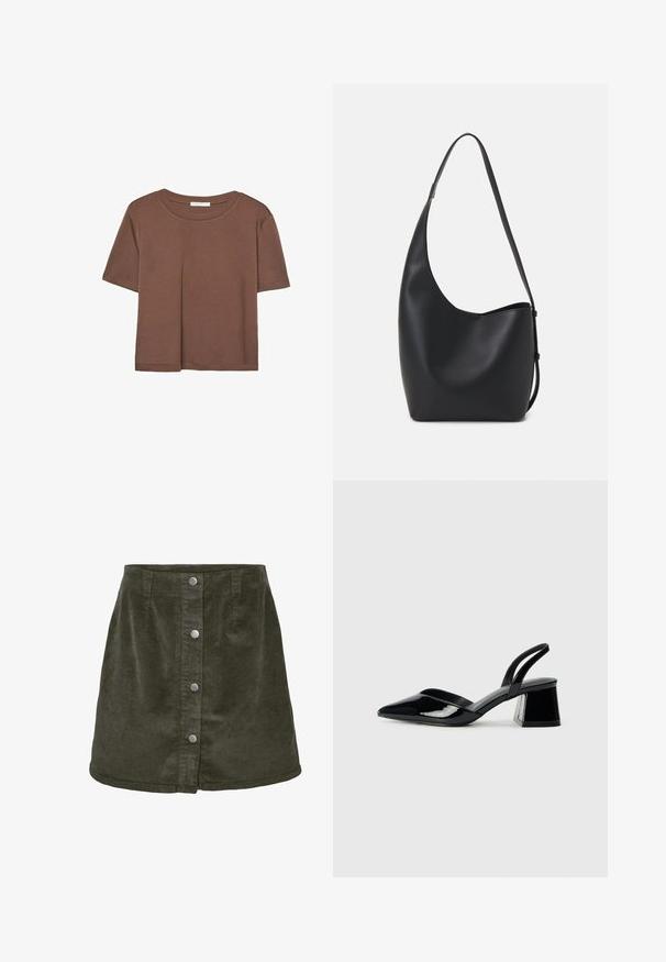 Hnedé tričko s krátkym rukávom vyrobené z jemného materiálu, s okrúhlym výstrihom a voľným strihom. Žiadne viditeľné vzory ani akcenty.; Mini sukňa z kordu v tmavozelenej farbe s A-líniou, ozdobená piatimi striebornými gombíkmi na zapínanie vpredu a vertikálnou ryhovanou textúrou.; Čierne lakované kožené sandálové podpätky s špicatou špičkou a geometrickým blokovým podpätkom. Disponujú elegantným, minimalistickým dizajnom a hladkým povrchom.; Čierna kožená hobo taška so hladkou textúrou, zakriveným tvarom a jedným nastaviteľným popruhom; má široké otvorenie na vrchu.