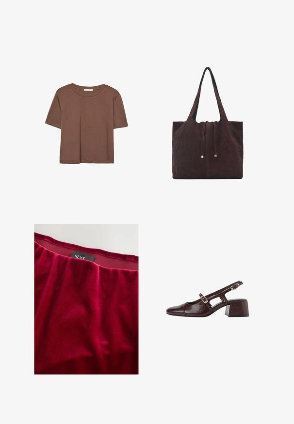 Maglietta a maniche corte marrone realizzata in tessuto morbido, con scollatura rotonda e vestibilità rilassata. Nessun motivo o dettaglio visibile.; Tessuto in velluto rosso con una consistenza liscia, dotato di una vita arricciata. Etichetta del brand "NEXT" visibile vicino al bordo superiore.; Tacchi slingback in pelle marrone con punta quadrata, lati scavati e tacco a blocco. Presentano una fibbia sulla cinghia alla caviglia.; Mango Shopping bag - dark brown