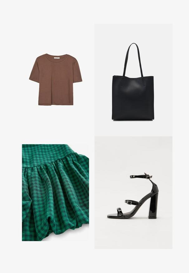 Maglietta a maniche corte marrone realizzata in tessuto morbido, con scollatura rotonda e vestibilità rilassata. Nessun motivo o dettaglio visibile.; Il tessuto a quadri verdi presenta diverse tonalità, una texture arricciata e un orlo con volant. Il materiale appare traspirante e leggero.; Sandali con tacco in vernice nera, con punta squadrata, cinturini alla caviglia e fibbie in argento. Presentano un tacco a blocco spesso per maggiore stabilità.; Borsa tote in pelle nera con texture liscia, forma rettangolare e due manici lunghi. Nessun hardware o decorazione visibile.