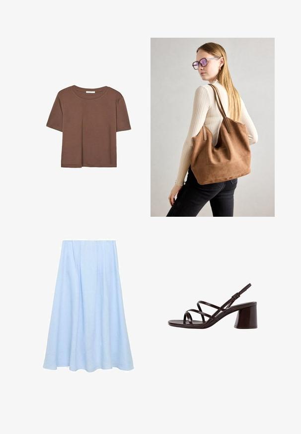 Rjava kratka majica s kratkimi rokavi iz mehkega materiala, s krožnim izrezom in ohlapnim krojem. Brez vidnih vzorcev ali dodatkov.; Svetlo modra, krilna dolžina A-linija iz lanu, ki ima plisee in gladko teksturo brez vzorcev ali okraskov.; Rjave sandale na visoki peti s debelim petom, z gladko, sijajno površino in večkratnimi križnimi trakovi na zgornjem delu.; Rjava semišna torba z mehko teksturo, velikim odprtjem in dolgimi ročaji. Ima preprost dizajn z vidnim šivanjem in brez okovja.