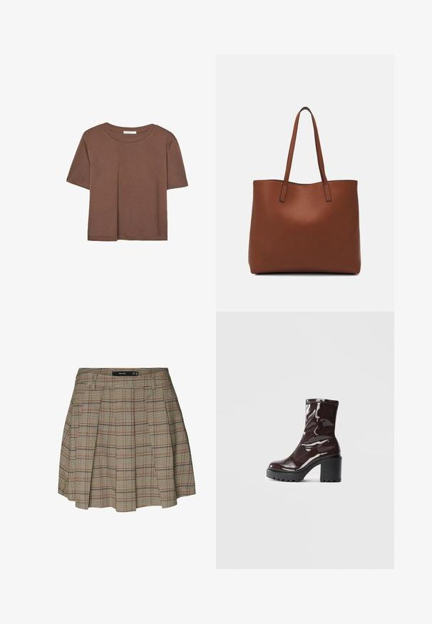 Rjava kratka majica s kratkimi rokavi iz mehkega materiala, s krožnim izrezom in ohlapnim krojem. Brez vidnih vzorcev ali dodatkov.; Vero Moda VMELLIE MITTLERE TAILLE - Krilo A-kroja - silver mink; Sijajan škrlatank z bleščečim videzom, z masivnim črnim peto, ki se ponaša z gladko teksturo in preprostim dizajnom. Brez vidnih zapenjal ali vzorcev.; Rjava usnjena torba z gladko teksturo, odprto zasnovo zgoraj in dvema naramnima trakovoma. Opremljena je z minimalnim šivanjem in brez vidnih kovinskih delov.