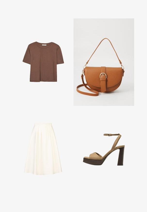 Brown short-sleeve t-shirt made of soft fabric, with a round neckline and relaxed fit. No visible patterns or accents.; A knee-length, pleated skirt in cream fabric with a smooth texture and a fitted waistband, designed for casual or formal wear.; Beige suede high-heeled sandals with a wide front strap and ankle strap, featuring a chunky wooden block heel with a textured finish.; Brown leather crossbody bag with a curved shape, gold hardware, and a buckle accent. Features a detachable shoulder strap.