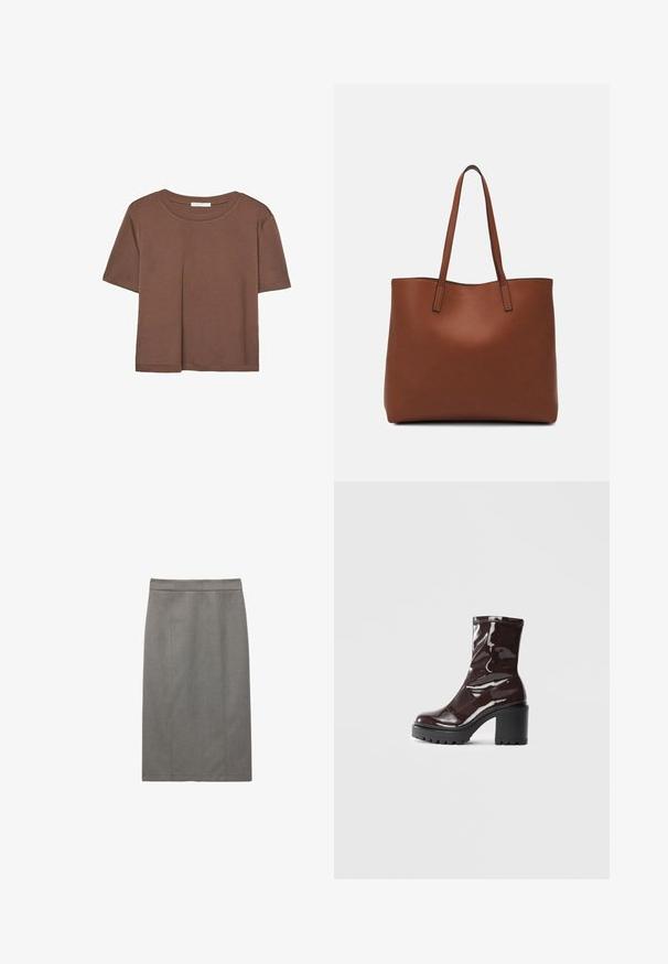 Brun kortærmet t-shirt lavet af blødt stof, med rund halsudskæring og afslappet pasform. Ingen synlige mønstre eller detaljer.; Grå blyantnederdel med en lige silhuet, tilpassede sømme og en glat tekstur. Designet inkluderer en høj talje for en sikker pasform.; Glatte burgunder ankelstøvler med en chunky sort hæl, der har en glat tekstur og et simpelt design. Ingen synlige lukninger eller mønstre.; Brun læder tote taske med en glat overflade, åben topdesign og to skulderremme. Har minimal syning og ingen synlig hardware.
