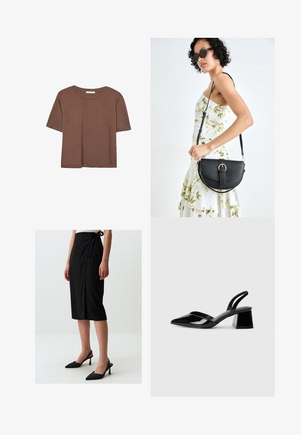 Brązowa koszulka z krótkim rękawem, wykonana z miękkiego materiału, z okrągłym dekoltem i luźnym krojem. Brak widocznych wzorów lub akcentów.; Czarna spódnica do kolan z designem w stylu kopertowym, wykonana z fakturowanej tkaniny, z bocznym wiązaniem. Połączona z czarnymi szpilkami z wąskim noskiem.; Czarne lakierowane półbuty na obcasie z wydłużonym noskiem i geometrycznym słupkiem. Charakteryzują się eleganckim, minimalistycznym designem oraz gładką fakturą.; Czarna skórzana torebka o zakrzywionym kształcie, z odpinanym paskiem i złotymi akcentami. Torebka posiada klapę z zapięciem w kształcie klamry.