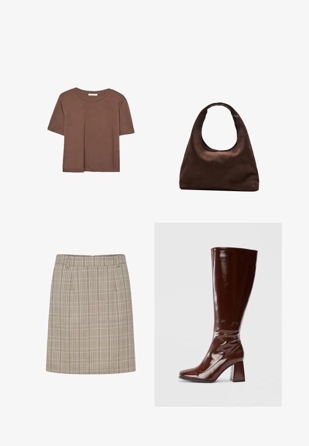 Maglietta a maniche corte marrone realizzata in tessuto morbido, con scollatura rotonda e vestibilità rilassata. Nessun motivo o dettaglio visibile.; Gonna a quadri con una vita aderente, caratterizzata da linee verticali e orizzontali in beige e marrone, realizzata in un tessuto leggero.; Stivali marroni in pelle verniciata alti fino al ginocchio, con punta quadrata, finitura lucida e taccochunky per stabilità. Design senza soluzione di continuità senza hardware visibile.; Borsa hobo di un morbido marrone con una sola tracolla larga e un'apertura a manico curvo, esposta su uno sfondo bianco.