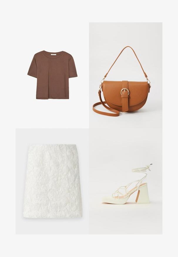 Rjava kratka majica s kratkimi rokavi iz mehkega materiala, s krožnim izrezom in ohlapnim krojem. Brez vidnih vzorcev ali dodatkov.; Bela mini krila z teksturirano površino z dvignjenimi cvetličnimi vzorci, ki spominjajo na vrtnice, izdelana iz lahkega blaga.; Bela sandala na visokih petah s debelim petam, ki ima obliko trakcev in vezanje okoli gležnja. Gladka tekstura z platformo spredaj za dodatno višino.; Rjava usnjena torbica prek telesa s ukrivljeno obliko, zlate opreme in sponko. Ima odstranljiv naramni trak.