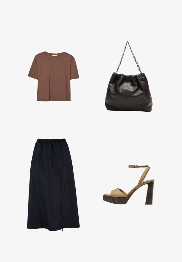 Rjava kratka majica s kratkimi rokavi iz mehkega materiala, s krožnim izrezom in ohlapnim krojem. Brez vidnih vzorcev ali dodatkov.; Črna krilo do kolen iz lahkega materiala z elastičnim pasom, stranskimi žepi in dodatki za prilagodljivost s pomočjo vrvice.; Bež semiš sandali na visoki peti z širokim sprednjim trakom in trakom okoli gležnja, opremljeni z debelim lesenim blokom peto z teksturirano površino.; Rjava usnjena torba z nabranim vrhom in verižnim trakom. Gladka tekstura z sijajno površino in subtilnimi šivi na straneh.