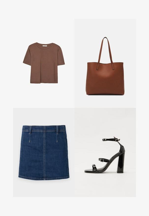 Brun kortærmet t-shirt lavet af blødt stof, med rund halsudskæring og afslappet pasform. Ingen synlige mønstre eller detaljer.; Mørkeblå denimnederdel med en tætsiddende design, forlommer og synlige syninger. Har en lige kant og bæltestropper.; Sorte patenterede hælsandaler med firkantet tå, ankelremme og sølvspænder. Har en chunky blokHæl for stabilitet.; Brun læder tote taske med en glat overflade, åben topdesign og to skulderremme. Har minimal syning og ingen synlig hardware.