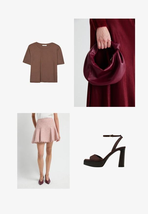 Braunes, kurzärmliges T-Shirt aus weichem Material mit rundem Halsausschnitt und lockerer Passform. Keine sichtbaren Muster oder Akzente.; Hellrosa, strukturierter, ausgestellter Rock mit einem fransigen Saum. Hergestellt aus gewebtem Stoff, verfügt über einen hohen Taillenbund. Stylisch kombiniert mit burgunderfarbenen Heels.; Braune Wildleder-Pumps mit offenem Zeh, verstellbarem Knöchelriemen und gestreiftem Plateausohlen.; Burgunderleder-Handtasche mit einem weichen, gerafften Design und einer gerundeten Form. Der Griff ist gesichert und zeigt eine glatte Textur.