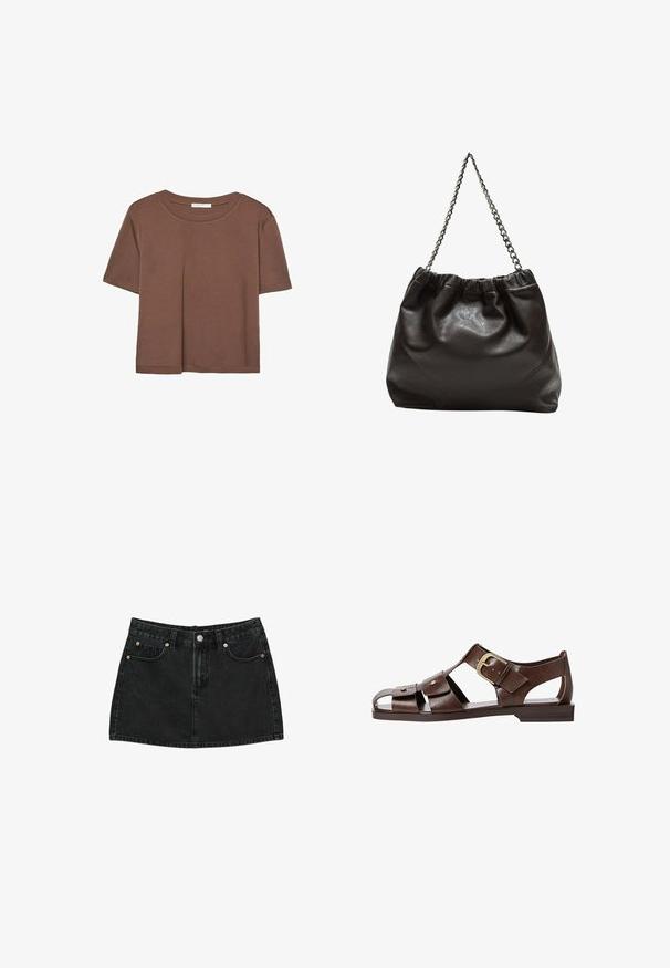 Rjava kratka majica s kratkimi rokavi iz mehkega materiala, s krožnim izrezom in ohlapnim krojem. Brez vidnih vzorcev ali dodatkov.; Črna denim mini krila z gumbi spredaj, zankami za pas in dvema sprednjima žeparjema s bakrenimi zakovicami, položena na belo ozadje.; Rjave usnjene sandale z izrezljanim dizajnom, nastavljivim stranskim sponko in ravnim podplatom, dekorirane z kovinskimi detajli in odprtim prstom.; Rjava usnjena torba z nabranim vrhom in verižnim trakom. Gladka tekstura z sijajno površino in subtilnimi šivi na straneh.