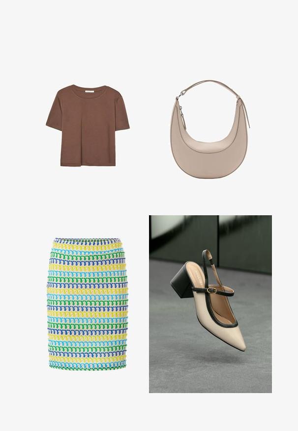 Hnedé tričko s krátkym rukávom vyrobené z jemného materiálu, s okrúhlym výstrihom a voľným strihom. Žiadne viditeľné vzory ani akcenty.; Tkaná sukňa so horizontálnymi prúžkami žltej, zelenej, modrej a bielej farby. Textúrovaný, elastický materiál s priliehavým strihom.; Béžová lodička so špicatou špičkou, s čiernym lemom, zlatou prackou a robustným blokovým podpätkom na šedom podlahe s tmavozeleným pozadím.; Béžová kožená taška cez rameno s polkruhovým tvarom, hladkou textúrou a jedným zakriveným uchom. Obsahuje zipsové uzatváranie a úhľadné švy.