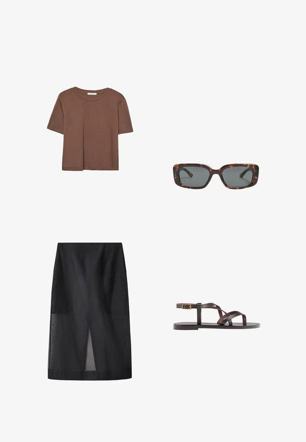 Smeđi kratki rukav majica od mekog materijala, s okruglim izrezom i opuštenim krojem. Nema vidljivih uzoraka ili naglasaka.; Crna midi suknja s glatkom teksturom, visokim strukom i detaljem prednjeg proreza. Jednostavan, neukrašen dizajn s ravnom siluetom.; Smeđe kožne sandale s iskrižanim trakama, umetkom za zapešće s kopčanjem i ravnim potplatom s minimalnim detaljima šivanja.; Smešane sunčane naočale s pravokutnim lećama, debelim okvirom i tamnim lećama. Glatka tekstura i minimalistički dizajn.
