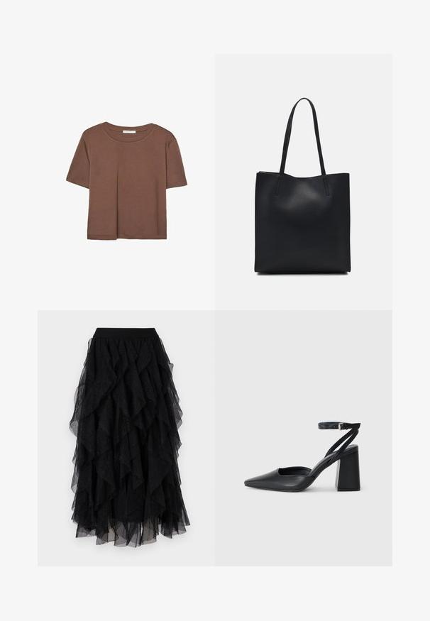 Kahvinsävyinen lyhythihainen t-paita, joka on valmistettu pehmeästä kankaasta. Pyöreä pääntie ja rento malli. Ei näkyviä kuvioita tai koristeita.; Musta tylli hame, jossa on kerroksellisia röyhelöitä, pehmeä tekstuuri ja hienovaraiset kimallekoristeet. Joustava vyötärönauha mukavaan istuvuuteen.; Mustat nahkakengät, joissa on kapea kärki, nilkkaremmi ja paksu korko. Tasainen pinta, tyylikäs muotoilu ja minimalistinen estetiikka.; Mustapahkainen kangaskassi, jossa on sileä pinta, suorakaiteen muotoinen ja kaksi pitkää kahvaa. Ei näkyvää metalliosaa tai koristeita.