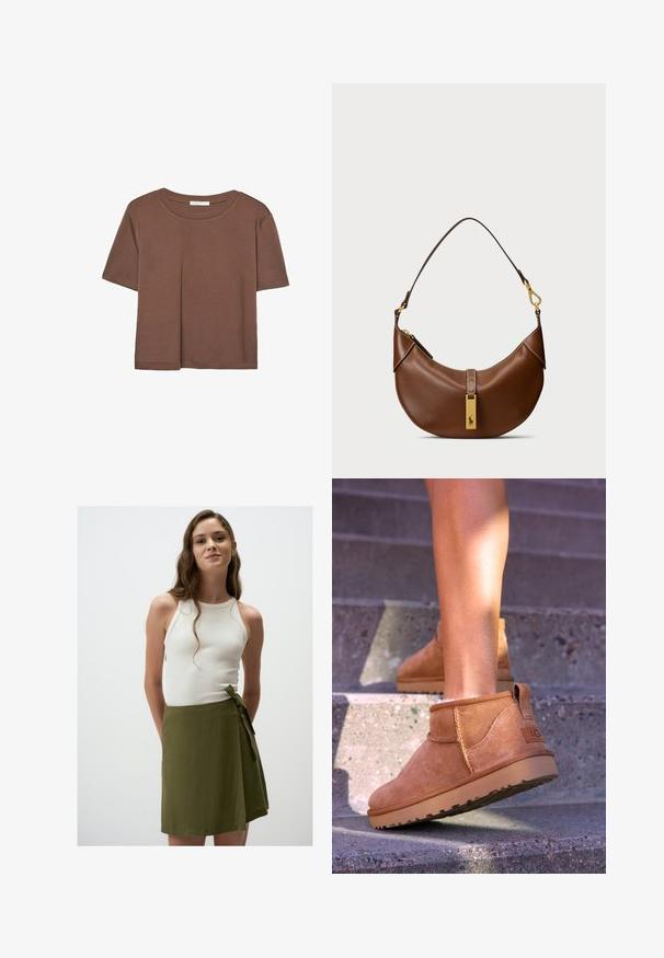 Brown short-sleeve t-shirt made of soft fabric, with a round neckline and relaxed fit. No visible patterns or accents.; White ribbed tank top paired with a knee-length olive green wrap skirt featuring a tie at the waist. Smooth, lightweight fabric.; Tan suede ankle boots with a soft texture, stitched detailing, and a rubber sole, featuring a looped heel for easy wear.; Brown leather shoulder bag with curved shape, gold hardware, top clasp detail, and a logo accent. Smooth texture with stitched edges.