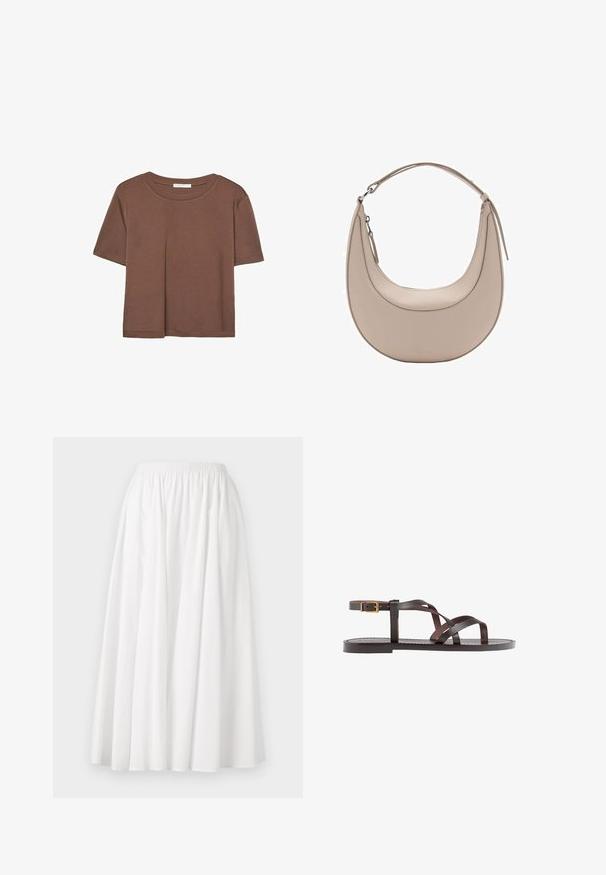 Brun kortærmet t-shirt lavet af blødt stof, med rund halsudskæring og afslappet pasform. Ingen synlige mønstre eller detaljer.; Hvid, knælang nederdel lavet af letvægtsstof, med elastisk talje og en udvidet, plisseret design.; Brune lædersandal med krydsende stropper, ankelspænde og en flad sål med minimale syninger.; Beige læder skuldertaske med en halvmåneform, glat overflade og et enkelt buet håndtag. Har en lynlåslukning og pæne syninger.