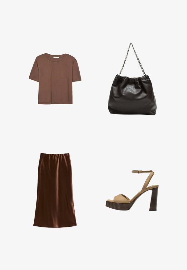 T-shirt marron à manches courtes en tissu doux, avec un col rond et une coupe décontractée. Aucun motif ni accent visible.; Jupe midi en satin marron avec une taille élastique, texture lisse et silhouette droite, conçue pour un ajustement décontracté.; Sandales à talons hauts en suede beige avec une large bride avant et une bride à la cheville, dotées d'un chunky talon en bois avec une finition texturée.; Sac en cuir marron avec un haut froncé et une bandoulière en chaîne. Texture lisse avec une finition brillante et des coutures subtiles sur les côtés.