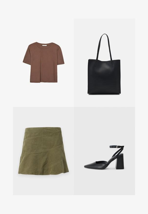 Hnědé tričko s krátkým rukávem vyrobené z měkké látky, s kulatým výstřihem a volným střihem. Bez viditelných vzorů nebo dekorací.; Zelenohnědá kordurová sukně s rozšířeným tvarem, obsahující diagonální švy a jemnou strukturu. Sukně je střední délky a nemá viditelné zapínání.; Černé kožené lodičky se špičatou špičkou, kotníkovým páskem a silným podpatkem. Hladká textura, elegantní design a minimalistická estetika.; Černá kožená taška přes rameno s hladkým povrchem, obdélníkovým tvarem a dvěma dlouhými uchy. Žádné viditelné kování ani ozdoby.