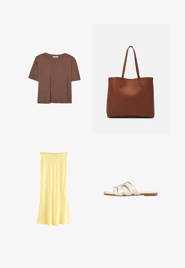 T-shirt marron à manches courtes en tissu doux, avec un col rond et une coupe décontractée. Aucun motif ni accent visible.; Robe jaune sans manches, longueur genoux, fabriquée en tissu lisse et léger, avec une silhouette fluide et un décolleté droit.; Sandales plates avec une semelle en caoutchouc beige, conçues avec trois brides en cuir blanc se chevauchant et un petit nœud au centre.; Sac fourre-tout en cuir marron avec une texture lisse, design à ouverture supérieure et deux poignées pour le porter à l'épaule. Présente des coutures minimales et aucun matériel visible.