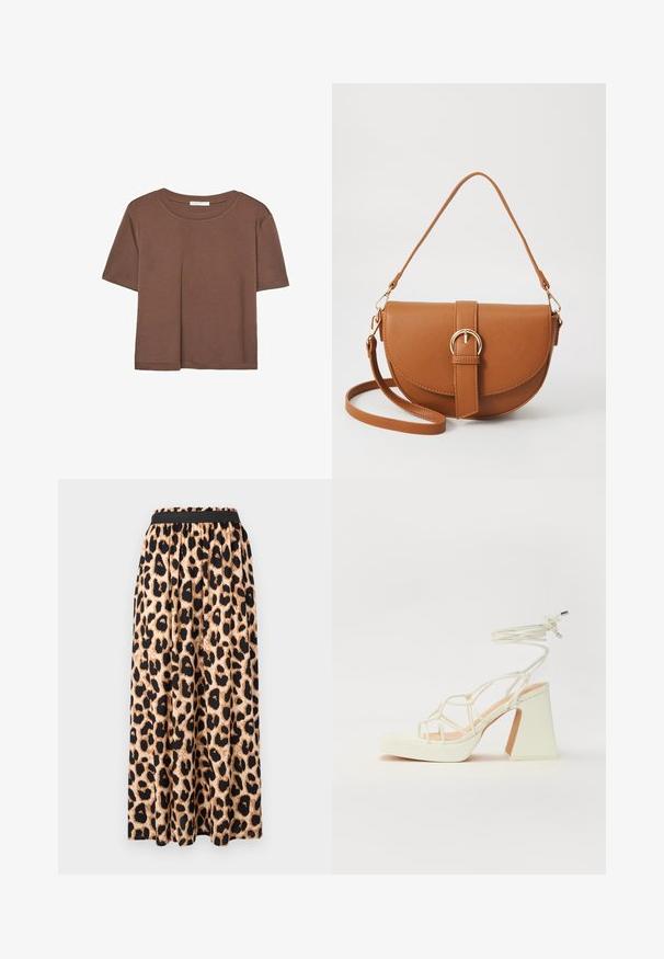 Brun kortärmad t-shirt i mjukt tyg, med rund halsringning och avslappnad passform. Inga synliga mönster eller detaljer.; Maxiklänning i leopardmönster med svart elastisk midja, som har ett mjukt, flytande tyg och en utsvängd silhuett.; Vit högklackad sandal med en kraftig klack, med ett remdesign och ankelband. Slät textur med en plattform framtill för ökad höjd.; Brun läder crossbody-väska med en böjd form, gyllene detaljer och en spänneaccent. Har en avtagbar axelrem.