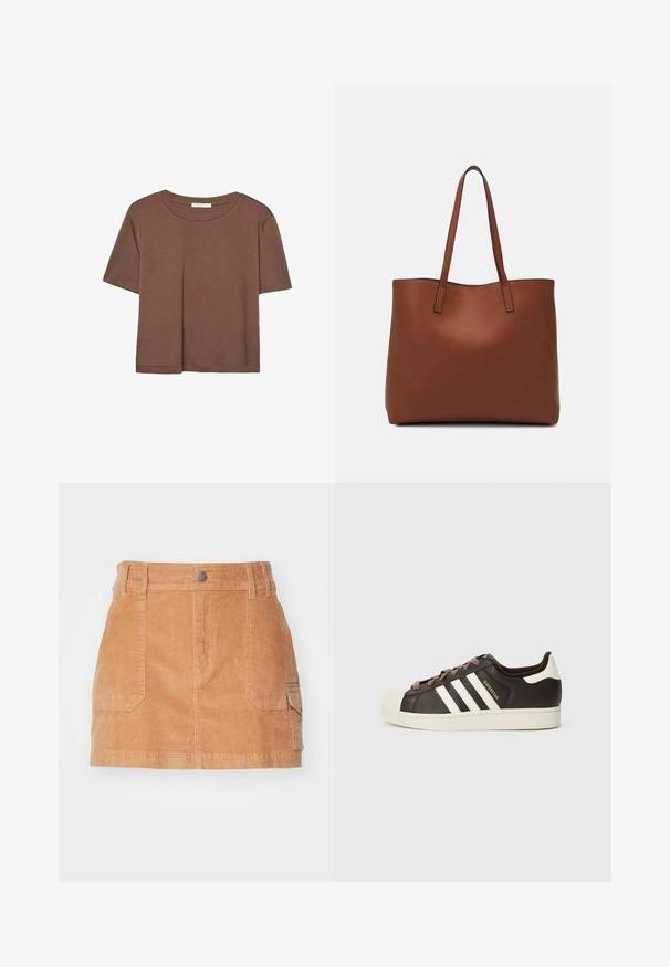 Korte mouwen T-shirt in bruin, gemaakt van een zachte stof, met een ronde halslijn en een relaxte pasvorm. Geen zichtbare patronen of accenten.; Lichtbruine corduroy minirok met een hoge tailleband, voorzakken en een gladde textuur met verticale ribbels.; Low-top Adidas Superstar sneaker in donkerbruin leer met crème shell-toe, witte strepen en de tekst "Superstar" aan de zijkant.; Bruine leren tote bag met een gladde textuur, een ontwerp met een open bovenkant en twee schouderbanden. Kenmerkt zich door minimale stiksels en geen zichtbare hardware.