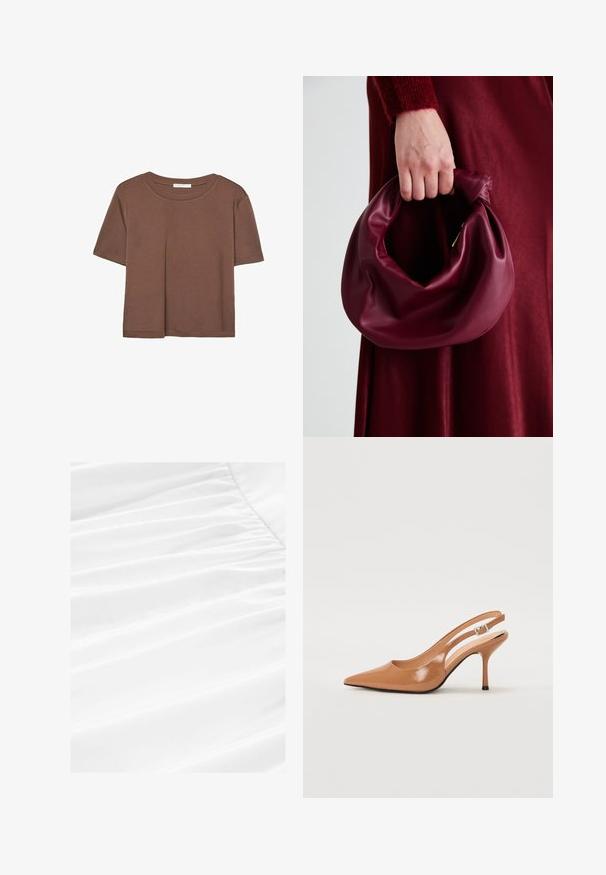 Brun kortärmad t-shirt i mjukt tyg, med rund halsringning och avslappnad passform. Inga synliga mönster eller detaljer.; Vitt tyg med mjuka draperingar och plisserad struktur, med ett slitstarkt, lätt material i en ren och skarp presentation.; Tåspets slingback-häl i ett slätt, glansigt brunt material. Har en kurvad utskärning och en smal stilettklack. Silverdetalj med spänne.; Burgundy läderhandväska med en mjuk, samlad design och rundad form. Handtaget är säkrat och visar en slät yta.