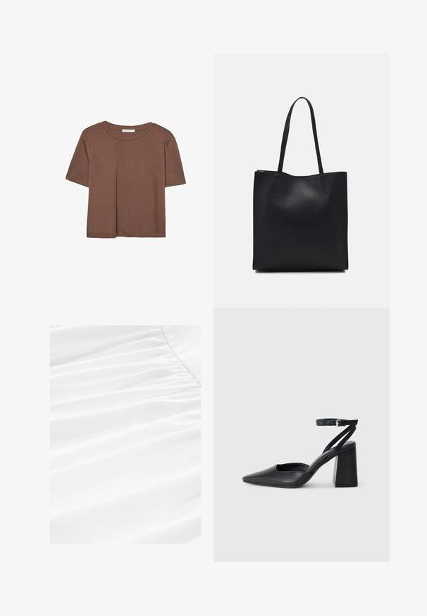 Maglietta a maniche corte marrone realizzata in tessuto morbido, con scollatura rotonda e vestibilità rilassata. Nessun motivo o dettaglio visibile.; Tessuto bianco con morbida caduta e texture plissettata, caratterizzato da un materiale leggero e liscio in una presentazione pulita e nitida.; Pump in pelle nera con punta affusolata, cinturino alla caviglia e tacco spesso. Texture piatta, design elegante ed estetica minimalista.; Borsa tote in pelle nera con texture liscia, forma rettangolare e due manici lunghi. Nessun hardware o decorazione visibile.