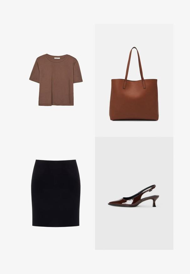 T-shirt marron à manches courtes en tissu doux, avec un col rond et une coupe décontractée. Aucun motif ni accent visible.; Jupe crayon noire, longueur genou, avec une taille ajustée et un tissu lisse et uni, présentée sur un fond blanc.; Chaussure slingback en cuir verni marron avec un bout pointu et un talon modéré. Elle est dotée d'une sangle à boucle pour un ajustement sécuritaire. Texture lisse.; Sac fourre-tout en cuir marron avec une texture lisse, design à ouverture supérieure et deux poignées pour le porter à l'épaule. Présente des coutures minimales et aucun matériel visible.