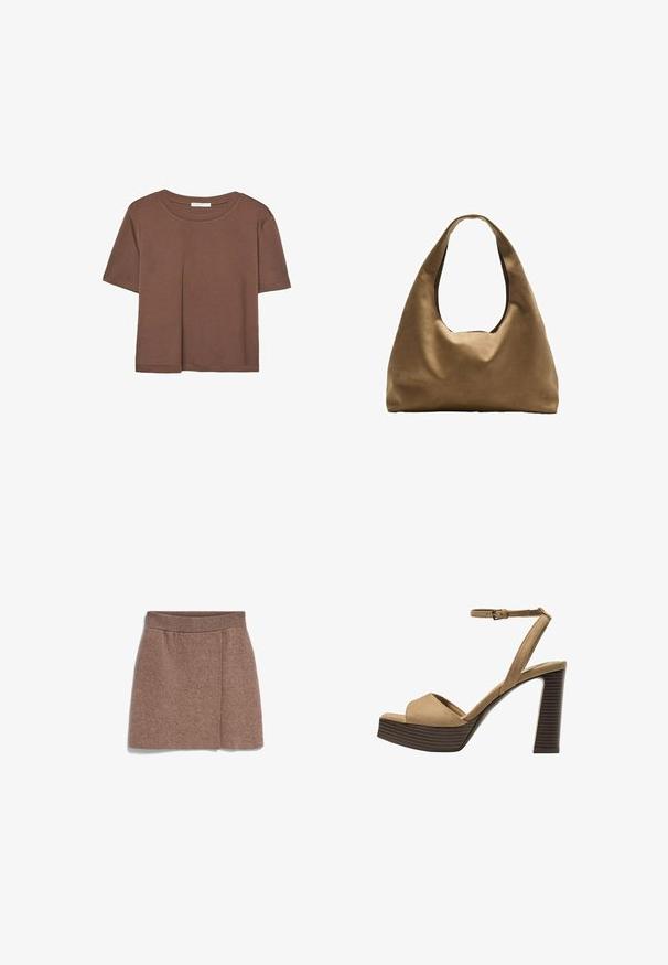 Braunes, kurzärmliges T-Shirt aus weichem Material mit rundem Halsausschnitt und lockerer Passform. Keine sichtbaren Muster oder Akzente.; Brauner, gestrickter Minirock mit weitem, elastischem Bund. Verfügt über ein vorderes Falten-Design und eine weiche, strukturierte Oberfläche.; Beige Wildleder-Pumps mit hohem Absatz, breitem Vorderband und Knöchelriemen, ausgestattet mit einem klobigen Holzblockabsatz mit strukturiertem Finish.; Braune Stoffschultertasche mit einem breiten, runden Körper und einem großen Ausschnittgriff. Sanfte Textur, minimalistisches Design und keine sichtbaren Beschläge.