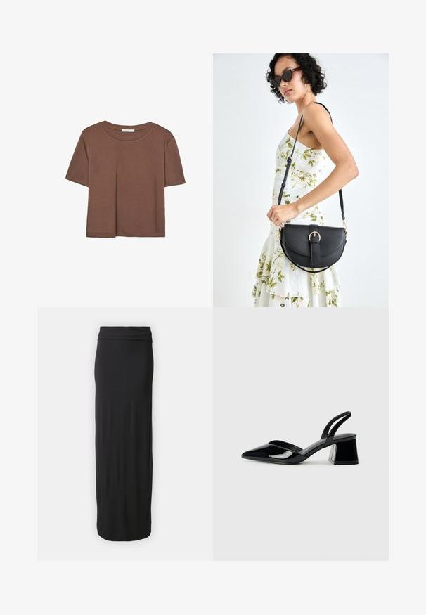 Smeđi kratki rukav majica od mekog materijala, s okruglim izrezom i opuštenim krojem. Nema vidljivih uzoraka ili naglasaka.; Crna, suknja do poda izrađena od mekane, rastezljive tkanine s uskim pojasom. Jednostavan, gladak dizajn bez uzoraka ili ukrasa.; Crne lakirane kožne sandale s otvorenom petom i špicastim vrhom, s geometrijskom blok petom. Imaju elegantan, minimalistički dizajn i glatku teksturu.; Crna kožna torba s lukovitim oblikom, odvojivim remenom i zlatnim detaljima. Torba ima preklop s kopčom.