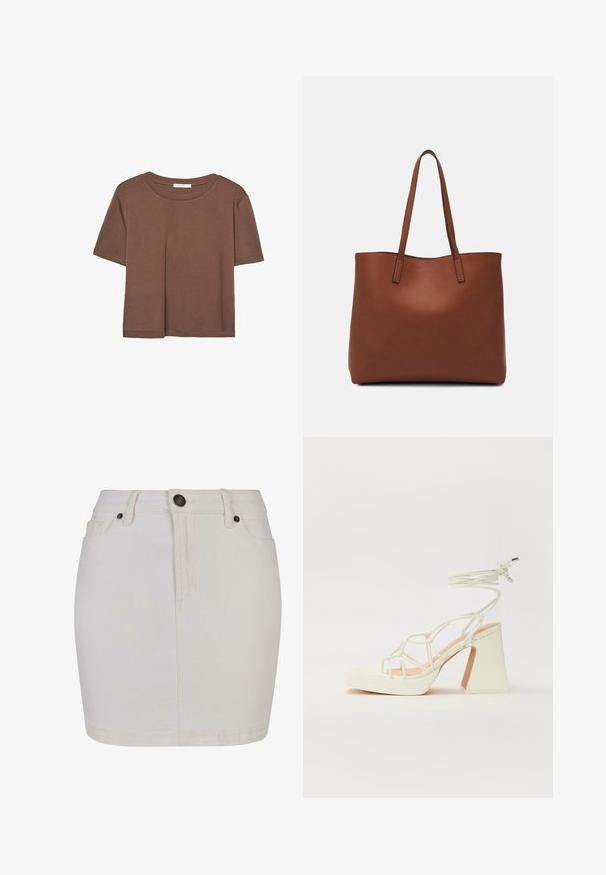 Smeđi kratki rukav majica od mekog materijala, s okruglim izrezom i opuštenim krojem. Nema vidljivih uzoraka ili naglasaka.; Bijela traper suknja s prilagođenim dizajnom, koja uključuje zatvaranje na dugme, petlje za pojas i klasičan stil s pet džepova. Glatka tekstura i dužine do koljena.; Bijela sandala na visokoj potpetici s debelim petom, s remenom i vezanjem oko gležnja. Glatka tekstura s platformom sprijeda za dodatnu visinu.; Smeđa kožna torba preko ramena s glatkom teksturom, otvorenim vrhom i dvjema naramenicama. Ima minimalne šavove i nema vidljivog hardvera.