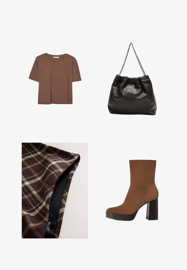Braunes, kurzärmliges T-Shirt aus weichem Material mit rundem Halsausschnitt und lockerer Passform. Keine sichtbaren Muster oder Akzente.; Brauner karierten Stoff mit weißen und beigen Linien, mit glatter Textur und einem an der Kante eingenähten schwarzen Gummiband.; Braunes Wildleder-Ankle Boot mit runder Spitze, klobigem schwarz gestreiften Absatz und glatter Oberfläche. Besitzt ein enganliegendes Design ohne sichtbare Beschläge.; Braune Lederhandtasche mit gerafftem Oberteil und Kettenriemen. Glatte Textur mit glänzendem Finish und subtilen Nahtdetails an den Seiten.