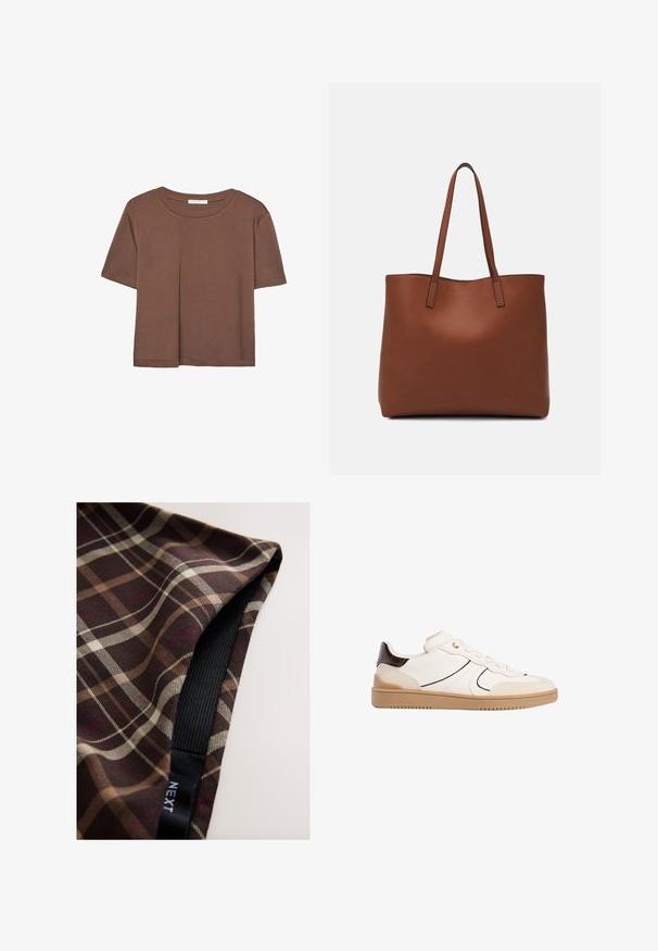 Korte mouwen T-shirt in bruin, gemaakt van een zachte stof, met een ronde halslijn en een relaxte pasvorm. Geen zichtbare patronen of accenten.; Bruin geruit stof met witte en beige lijnen, met een gladde textuur en een zwarte elastische band langs de rand genaaid.; Stradivarius Sneakers laag - white; Bruine leren tote bag met een gladde textuur, een ontwerp met een open bovenkant en twee schouderbanden. Kenmerkt zich door minimale stiksels en geen zichtbare hardware.