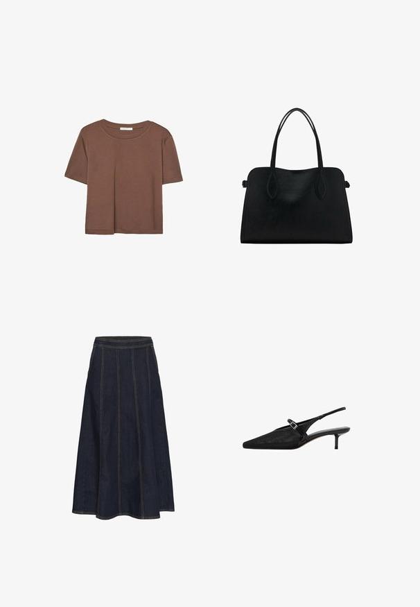 Smeđi kratki rukav majica od mekog materijala, s okruglim izrezom i opuštenim krojem. Nema vidljivih uzoraka ili naglasaka.; Tamno plavi A-line suknja s širokim pojasom, vidljivim šavovima i raširenim rubom. Nema džepova niti ukrasa.; Crne slingback štikle s šiljastim vrhovima, zasebnom mrežastom gornjom površinom, uskim podesivim remenom sa srebrnom kopčom i 5 cm visokim stiklama.; Crna kožna torba s dvostrukim naramenicama, pravokutnog oblika i minimalističkim dizajnom na bijeloj pozadini.