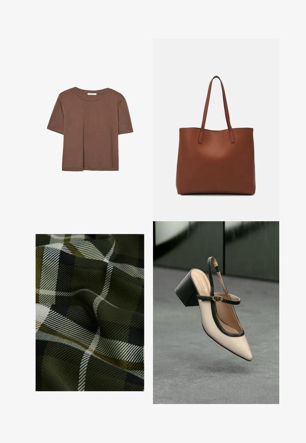 Rjava kratka majica s kratkimi rokavi iz mehkega materiala, s krožnim izrezom in ohlapnim krojem. Brez vidnih vzorcev ali dodatkov.; Tkanina s tkanim karirastim uzorkom u tamnozelenoj, crnoj i bijeloj boji. Tekstura je glatka s mekim, uzorkovanim završetkom.; Bežna slingback čevlja z uskim sprednjim delom, črnimi detajli, zlatim zaponko in debelim blokovskim peto na sivi tleh s temno zeleno ozadje.; Rjava usnjena torba z gladko teksturo, odprto zasnovo zgoraj in dvema naramnima trakovoma. Opremljena je z minimalnim šivanjem in brez vidnih kovinskih delov.