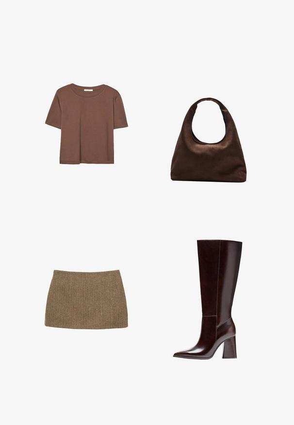 T-shirt marron à manches courtes en tissu doux, avec un col rond et une coupe décontractée. Aucun motif ni accent visible.; Mini jupe à motif chevrons marron, présentant une coupe droite et une texture lisse. Le tissu semble tissé et structuré. Pas de fermetures visibles.; Botte en cuir marron jusqu'au genou avec un bout pointu et un talon en bloc texturé. Présente des lignes épurées et des détails de couture minimalistes.; Sac à main en toile marron doux de style hobo avec une large sangle unique et une ouverture en haut arrondie, présenté sur un fond blanc.