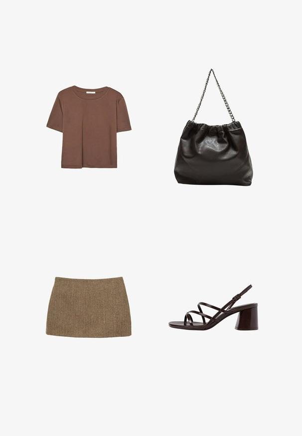 Braunes, kurzärmliges T-Shirt aus weichem Material mit rundem Halsausschnitt und lockerer Passform. Keine sichtbaren Muster oder Akzente.; Brauner Minirock mit Fischgrätmuster, der eine gerade Schnittform und glatte Textur aufweist. Der Stoff wirkt gewebt und strukturiert. Keine sichtbaren Verschlüsse.; Braune, geschnallte High-Heel-Sandalette mit einem dicken Absatz, die über eine glatte, glänzende Oberfläche und mehrere überkreuzte Riemen im Obermaterial verfügt.; Braune Lederhandtasche mit gerafftem Oberteil und Kettenriemen. Glatte Textur mit glänzendem Finish und subtilen Nahtdetails an den Seiten.
