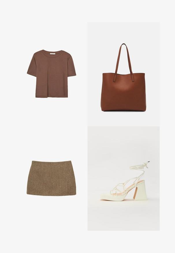 Braunes, kurzärmliges T-Shirt aus weichem Material mit rundem Halsausschnitt und lockerer Passform. Keine sichtbaren Muster oder Akzente.; Brauner Minirock mit Fischgrätmuster, der eine gerade Schnittform und glatte Textur aufweist. Der Stoff wirkt gewebt und strukturiert. Keine sichtbaren Verschlüsse.; Weiße High-Heel-Sandale mit einem klobigen Absatz, die über ein Riemchendesign und ein Knöchelband verfügt. Glatte Textur mit einer Plattform vorne für zusätzliche Höhe.; Braune Leder-Tote mit glatter Textur, offenem Oberteil und zwei Schulterriemen. Verfügt über minimale Nähte und keine sichtbaren Beschläge.