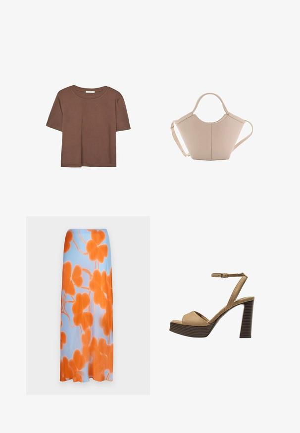 Rjava kratka majica s kratkimi rokavi iz mehkega materiala, s krožnim izrezom in ohlapnim krojem. Brez vidnih vzorcev ali dodatkov.; Marimekko EKSPRESSIO KETUNLEIPÄ - Dolgo krilo - multi-coloured; Bež semiš sandali na visoki peti z širokim sprednjim trakom in trakom okoli gležnja, opremljeni z debelim lesenim blokom peto z teksturirano površino.; Bežna usnjena torbica edinstvene oblike, z dvema kratkima ročajema in dolgim nastavljivim trakom. Gladka tekstura z minimalno kovinsko opremo.