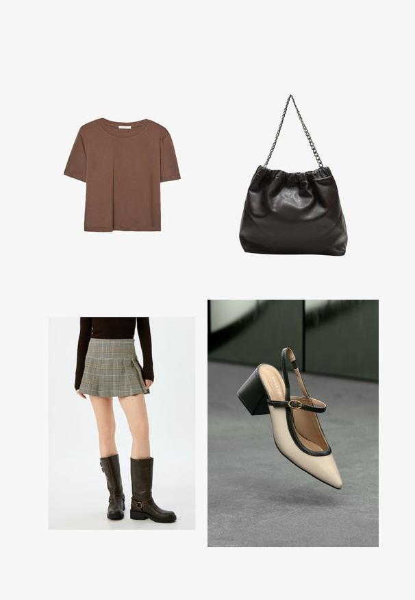 Brun kortærmet t-shirt lavet af blødt stof, med rund halsudskæring og afslappet pasform. Ingen synlige mønstre eller detaljer.; Rutig mini nederdel i beige og sort, med plisseringer og en tætsiddende talje. Kombineret med knæhøje brune læderstøvler med spænder.; Beige spids tå slingback sko med sort kant, guld spænde og en chunky blokhæl på grå gulv med mørkegrøn baggrund.; Brun lædertaske med en rynket top og en kædestrop. Glat tekstur med en blank finish og subtile sømdetaljer på siderne.