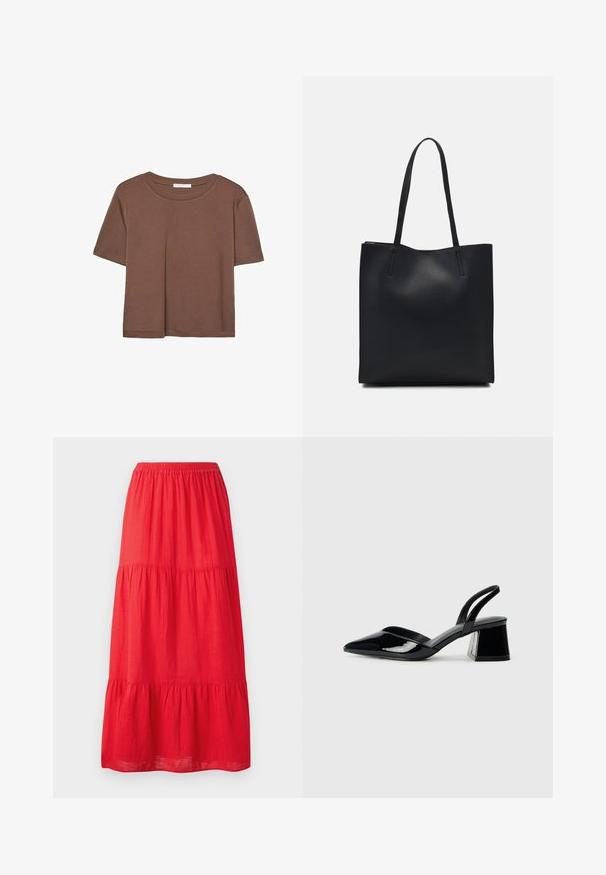 Rjava kratka majica s kratkimi rokavi iz mehkega materiala, s krožnim izrezom in ohlapnim krojem. Brez vidnih vzorcev ali dodatkov.; Rdeča bombažna maksi krila z elastičnim pasom, ki ima tri stopničaste volane in gladko teksturo. Preprost dizajn brez vidnih vzorcev.; Črne lakirane slingback pete s koničastim nosom in geometrijsko blokasto peto. Imajo eleganten, minimalističen dizajn in gladko teksturo.; Črna usnjena torba s svilnato teksturo, pravokotne oblike in dvema dolgima ročajema. Brez vidnih metalnih delov ali okrasnih elementov.