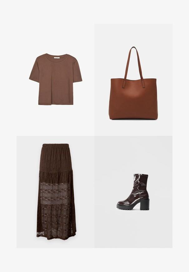 Rjava kratka majica s kratkimi rokavi iz mehkega materiala, s krožnim izrezom in ohlapnim krojem. Brez vidnih vzorcev ali dodatkov.; Rjava čipkasta maksi krilo s plastebnim dizajnom, ki ima smockan pas in valovite vzorce po celotnem materialu. Lahkotno in polprosojno.; Sijajan škrlatank z bleščečim videzom, z masivnim črnim peto, ki se ponaša z gladko teksturo in preprostim dizajnom. Brez vidnih zapenjal ali vzorcev.; Rjava usnjena torba z gladko teksturo, odprto zasnovo zgoraj in dvema naramnima trakovoma. Opremljena je z minimalnim šivanjem in brez vidnih kovinskih delov.