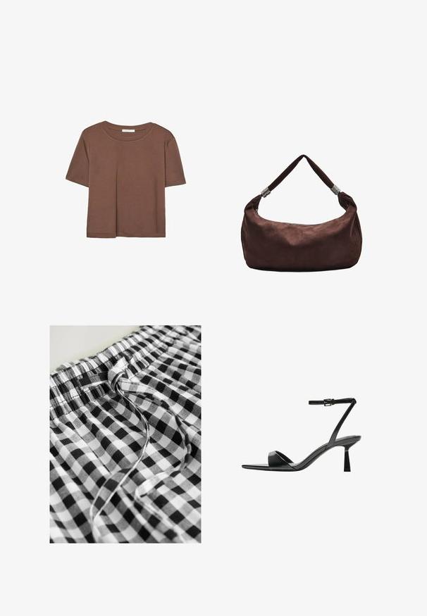 T-shirt marron à manches courtes en tissu doux, avec un col rond et une coupe décontractée. Aucun motif ni accent visible.; Next DROP WAIST - Jupe longue - black white gingham; Bershka Sandales à talons hauts - black; Sac à épaule en suède marron avec fermeture éclair, doté d'une anse torsadée ornée d'accents métalliques pour un transport sécurisé.