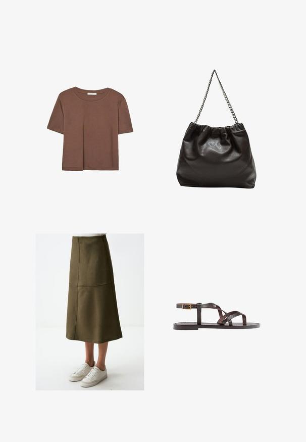 Braunes, kurzärmliges T-Shirt aus weichem Material mit rundem Halsausschnitt und lockerer Passform. Keine sichtbaren Muster oder Akzente.; Olivgrünen Midirock mit glatter Textur, der über gestickte Nähte und eine schlichte A-Linie verfügt, kombiniert mit weißen Sneakers.; Braune Leder-Sandale mit überkreuzten Riemen, einem Knöchelriemen mit Schnalle und einer flachen Sohle mit minimalen Nähdetails.; Braune Lederhandtasche mit gerafftem Oberteil und Kettenriemen. Glatte Textur mit glänzendem Finish und subtilen Nahtdetails an den Seiten.