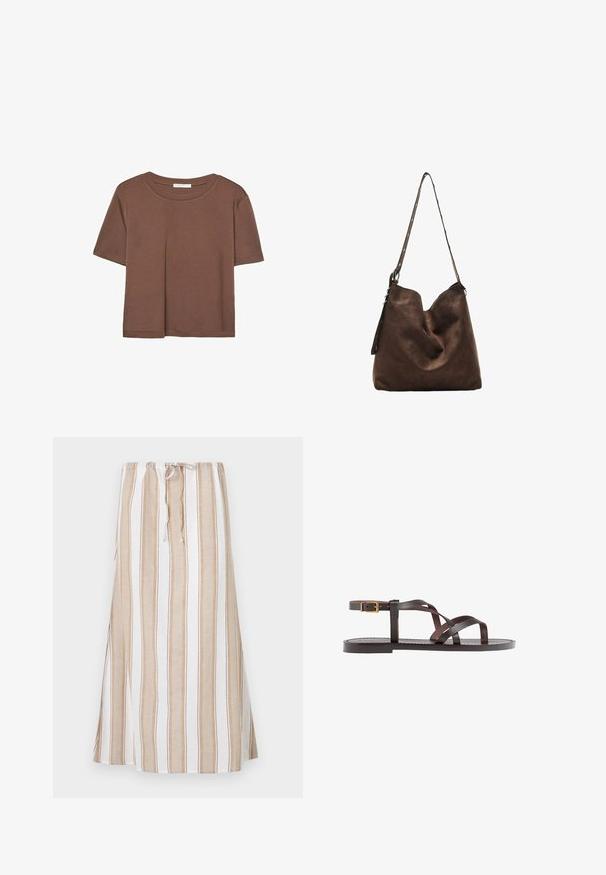 Hnedé tričko s krátkym rukávom vyrobené z jemného materiálu, s okrúhlym výstrihom a voľným strihom. Žiadne viditeľné vzory ani akcenty.; Prúžkovaná sukňa v bielej a svetlo hnedej farbe s pásom na sťahovanie a dlhým, voľným strihom. Vyrobená z ľahkej tkaniny s uvoľneným strihom.; Hnedé kožené sandály s krížovými popruhmi, uzatváraním na pracku okolo členku a plochou podrážkou s minimálnymi ševmi.; Hnedá semišová kabelka hobo s zakriveným vrchom, dlhým popruhom s bodkovanými akcentmi a jemnou textúrou. Má uvoľnený dizajn pre každodenné nosenie.