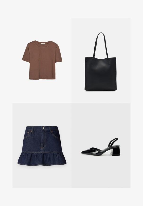 Brązowa koszulka z krótkim rękawem, wykonana z miękkiego materiału, z okrągłym dekoltem i luźnym krojem. Brak widocznych wzorów lub akcentów.; Ciemnoniebieska spódnica dżinsowa z falbaną na końcu, pięć kieszeni, szlufki na pasek i zapięcie na guziki z przodu. Gładka faktura i prosty krój.; Czarne lakierowane półbuty na obcasie z wydłużonym noskiem i geometrycznym słupkiem. Charakteryzują się eleganckim, minimalistycznym designem oraz gładką fakturą.; Czarna skórzana torba tote o gładkiej fakturze, prostokątnym kształcie i dwóch długich uchwytach. Brak widocznych elementów metalowych i ozdób.