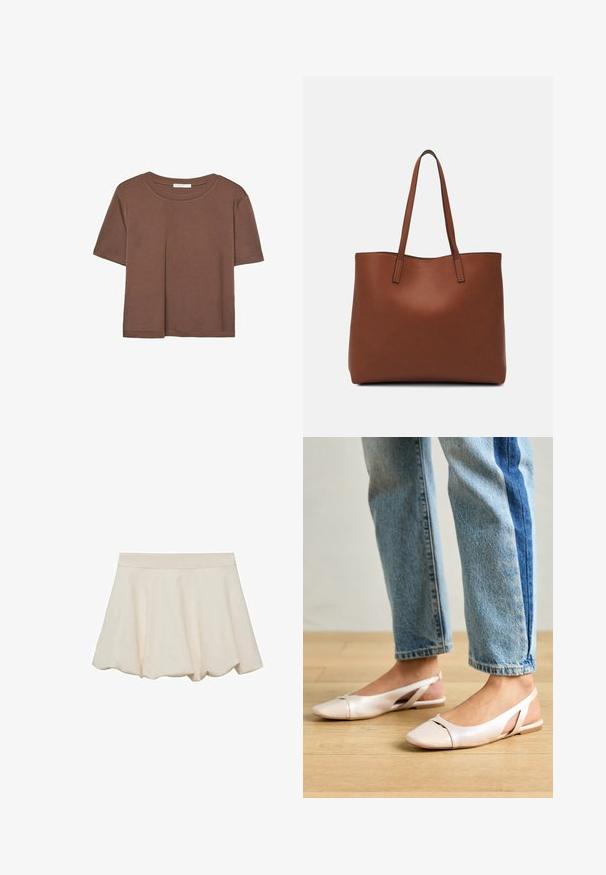 Korte mouwen T-shirt in bruin, gemaakt van een zachte stof, met een ronde halslijn en een relaxte pasvorm. Geen zichtbare patronen of accenten.; Crème-kleurige rok met een zachte, gladde textuur, uitlopende ontwerp en een gegolfde zoom. Heeft een brede, elastische tailleband voor comfort.; Zachtroze slingback ballerina's met een spitse neus, gemaakt van een glad leerachtig materiaal. Bevat uitsnijdingen aan de zijkanten en heeft een platte hak.; Bruine leren tote bag met een gladde textuur, een ontwerp met een open bovenkant en twee schouderbanden. Kenmerkt zich door minimale stiksels en geen zichtbare hardware.