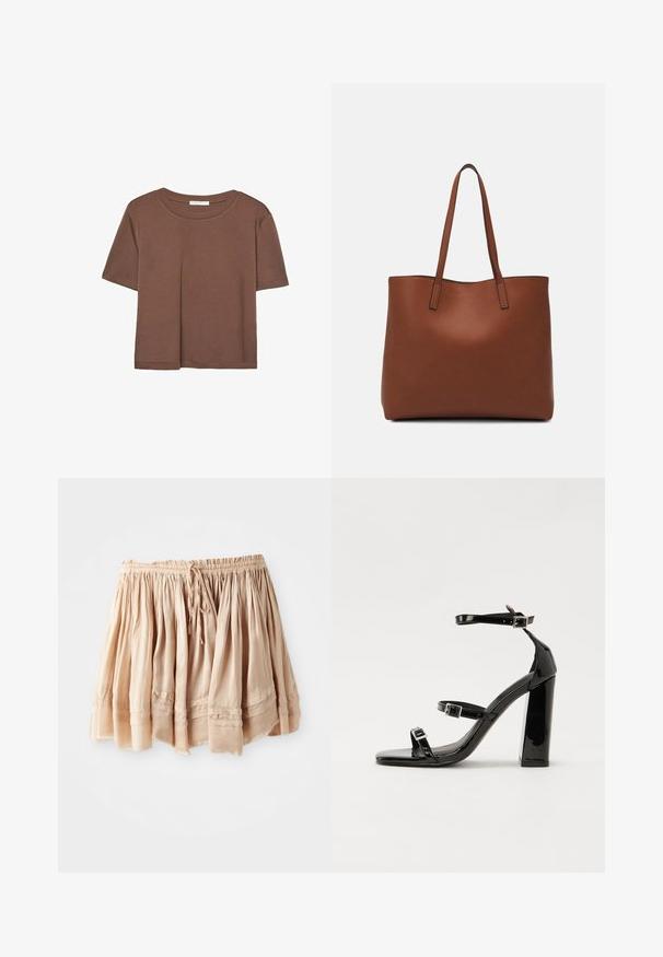 T-shirt marron à manches courtes en tissu doux, avec un col rond et une coupe décontractée. Aucun motif ni accent visible.; Jupe en tissu doux de couleur beige clair, à volants, avec une taille élastique et un cordon de serrage réglable, présentant des plis subtils et des accents cousus.; Sandales à talons vernies noires avec un bout carré, des sangles autour de la cheville et des boucles en argent. Dotées d'un talon bloc épais pour plus de stabilité.; Sac fourre-tout en cuir marron avec une texture lisse, design à ouverture supérieure et deux poignées pour le porter à l'épaule. Présente des coutures minimales et aucun matériel visible.